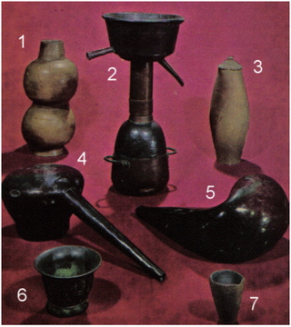 Some 17th and 18th century alchemical equipment is shown below: 1 aludel, for condensing vapors; 2 “Moor’s Head” still; 3 clay vessel; 4 alembic, for distilling; 5 retort; 6 bronze mortar; 7 crucible.